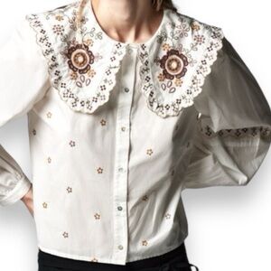 Zara white embroidered poplin long sleeve top